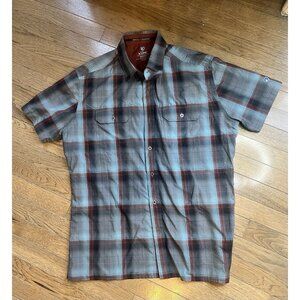 KÜHL Mens M Blue Plaid Short Sleeve Button-Up Shirt Seersucker Outdoor Casual